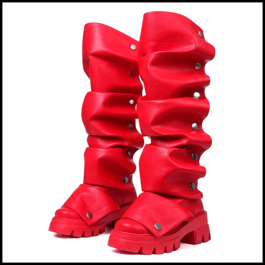 Platform Knee High Boots Fold Over Slouchy Ruched Stacked Heel Pull On Leather